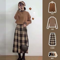 EFO - Mock-Turtleneck Long-Sleeve Top / Sweater / Plaid A-Line Midi Skirt / Set EFO - Mock-Turtleneck Long-Sleeve Top / Sweater / Plaid A-Line Midi Skirt / Set