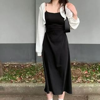 monroll-Spaghetti Strap Plain Buckled Ruched Midi A-Line Dress