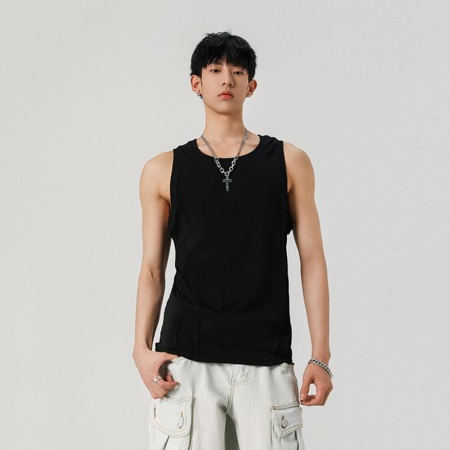 Omozando-Round Neck Plain Tank Top