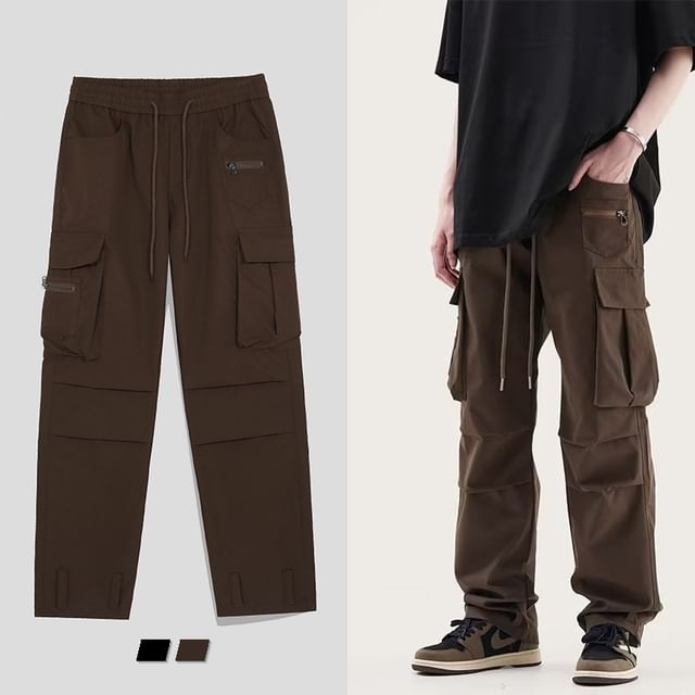 purplelouve-Drawstring Waist Plain Cargo Pants
