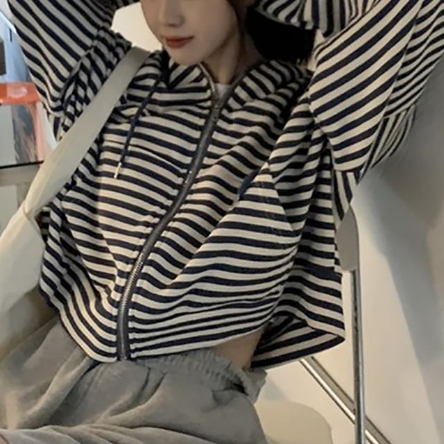 CRIBI-Striped Drawstring Crop Zip Hoodie