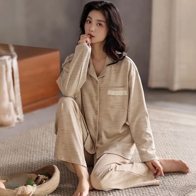 Jeony-Pajama Set Striped Padded Button-Up Shirt Pants