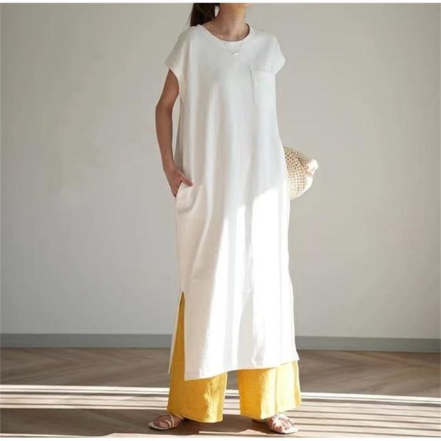 knee length dresses for ladies EVERYDAY ESSENTIALS CREW NECK MIDI T-SHIRT DRESS WITH SIDE SLIT IN MOCHA main image 0