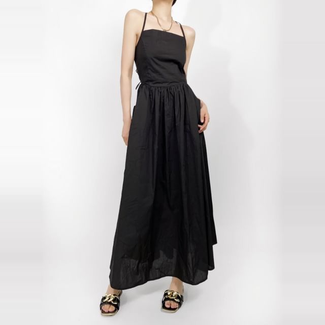 Yukis-Spaghetti Strap Plain Open Back Midi A-Line Dress