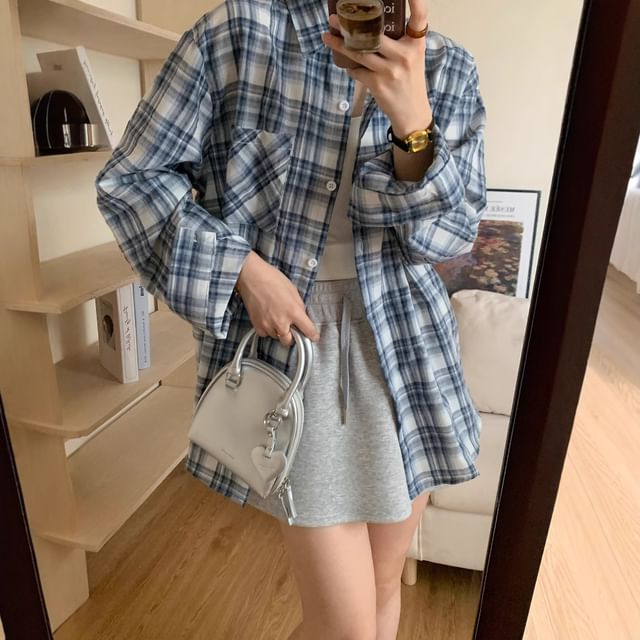 Sienne-Long Sleeve Lapel Collared Plaid Button Up Shirt