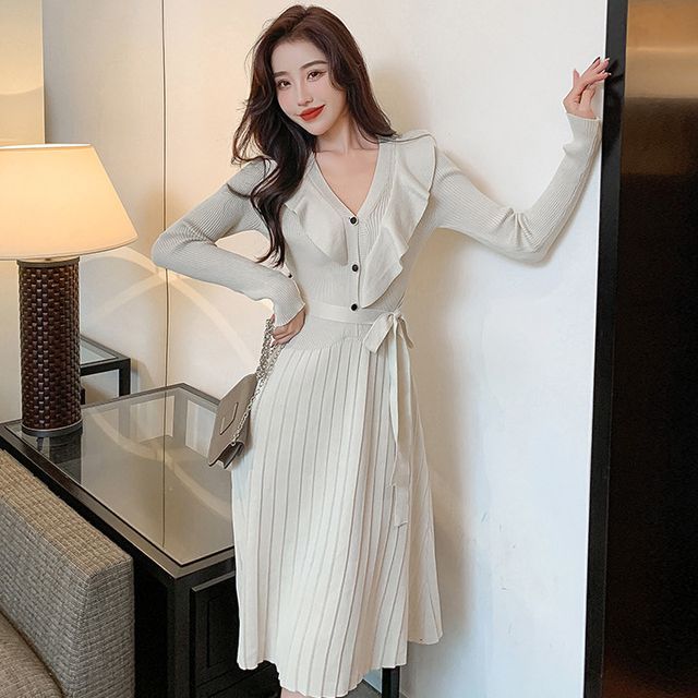 Hasu - Long-Sleeve V-Neck Knit A-Line Dress | YesStyle
