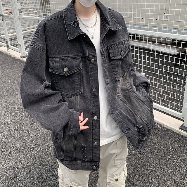 Hushgrain-Collared Washed Button-Up Denim Jacket