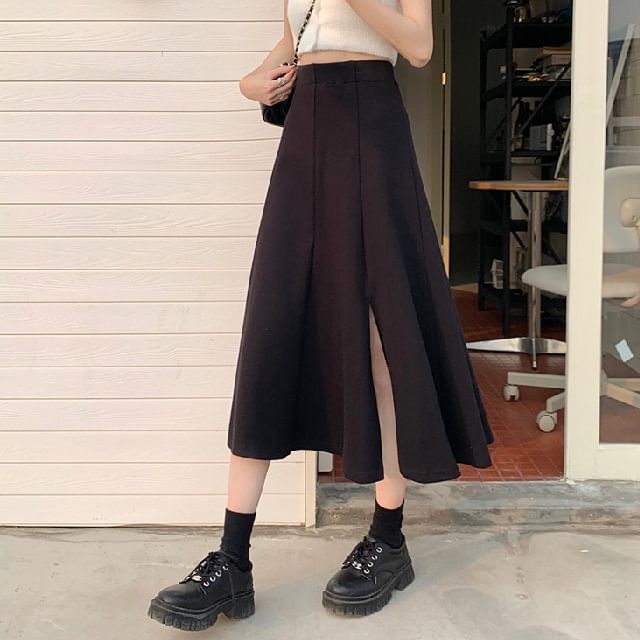 Cloud Nine-High Waist Plain Side-Slit Midi A-Line Skirt
