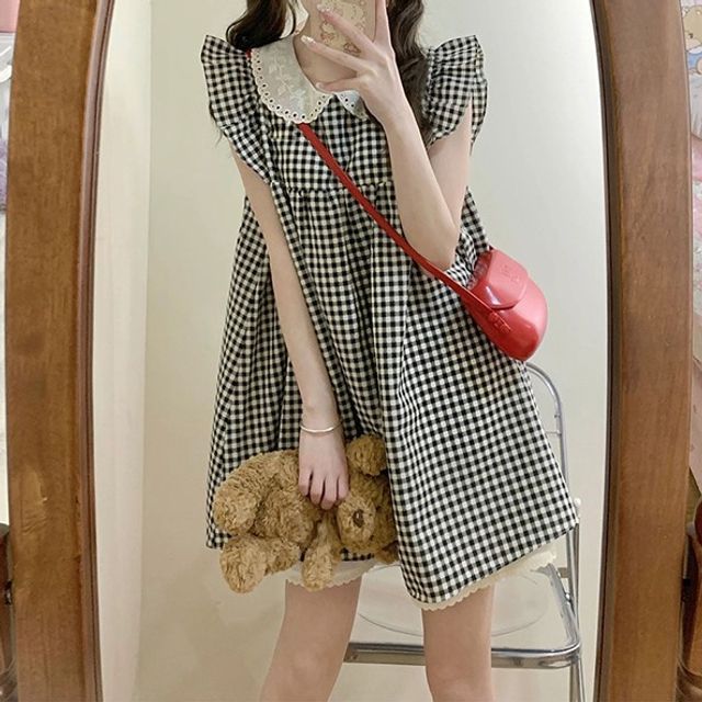 Leetalecoria Sleeveless Peter Pan Collar Plaid Ruffle Mini A - Main Image