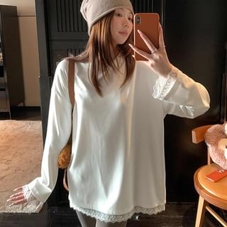 monroll-Long-Sleeve Round Neck Plain Lace Trim Tee