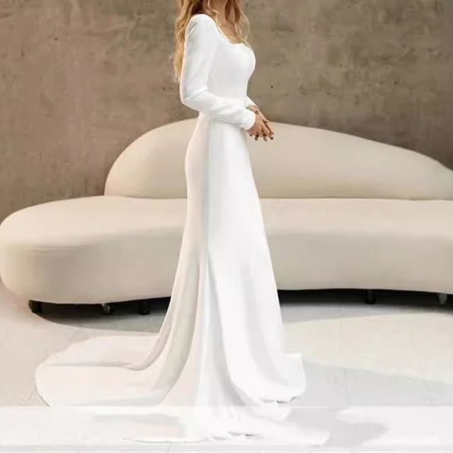 DreesHouse-Long-Sleeve Square Neck Plain Mermaid Wedding Gown