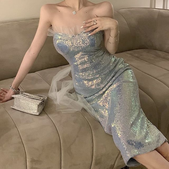 Pensacola Sequin Frill Mesh Midi Sheath Tube Cocktail Dress YesStyle