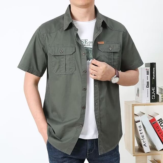 Cowpow-Short Sleeve Collared Plain Cargo Shirt