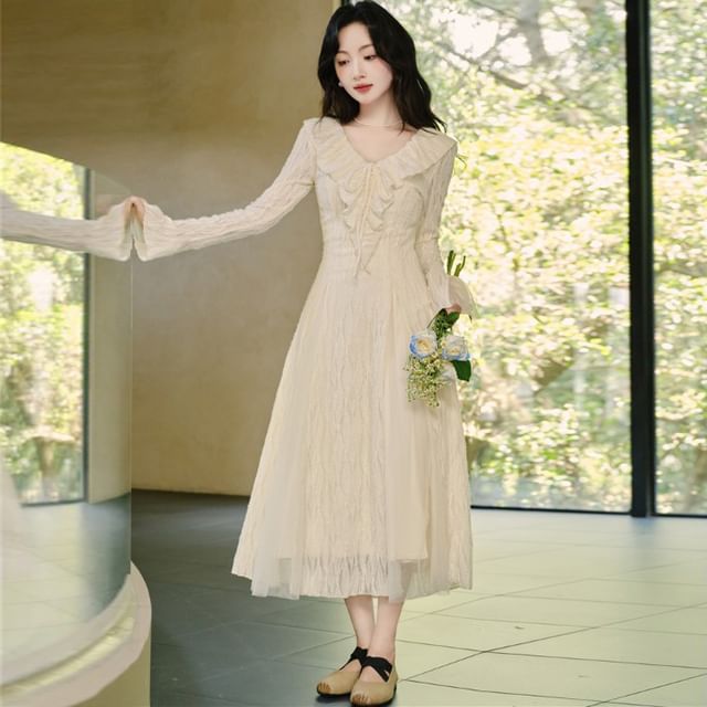 sansweet-Long-Sleeve V-Neck Plain Sheer Panel Ruffle Trim Tie Front Midi A-Line Dress