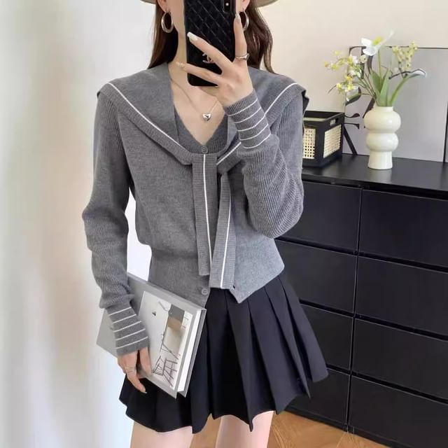 Sienne-Set V-Neck Striped Cardigan Shawl