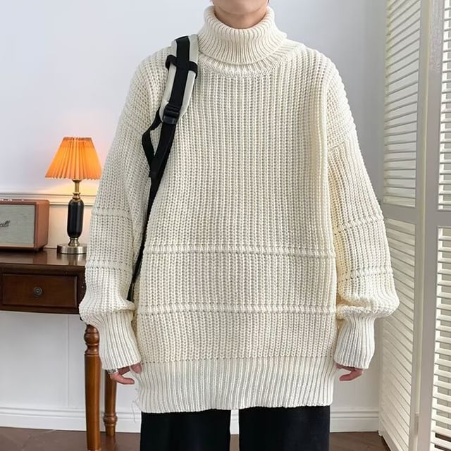 Sinlarity-Turtleneck Plain Chunky Knit Oversized Sweater