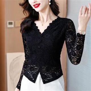 Everose-Long-Sleeve V-Neck Lace Button Top