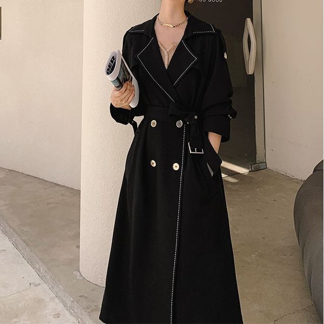 Tzarkozy Lapel Contrast Stitching Double-Breasted Midi Trench