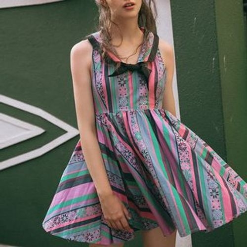 Sleeveless Printed Ribbon-Neck A-Line Dress