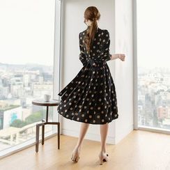 CHICLINE - Tie-Back Polka-Dotted Pleated Dress CHICLINE - Tie-Back Polka-Dotted Pleated Dress