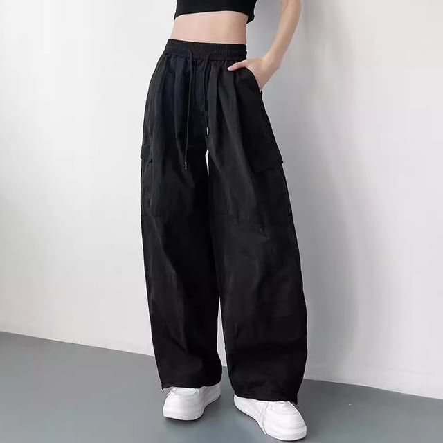 Cloud Nine-Drawstring Waist Plain Wide Leg Cargo Pants