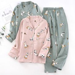 MelMount - 情侶家居服套裝: 小貓印花襯衫 + 長褲 MelMount - 情侶家居服套裝: 小貓印花襯衫 + 長褲