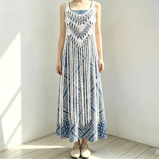 Everose-Set Spaghetti Strap Plaid Maxi A-Line Dress Spaghetti Strap Fringed Dress