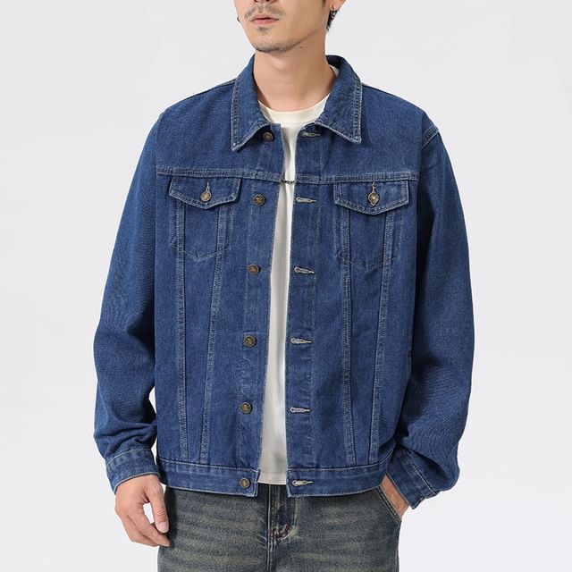 Denimic-Collar Washed Denim Button Jacket