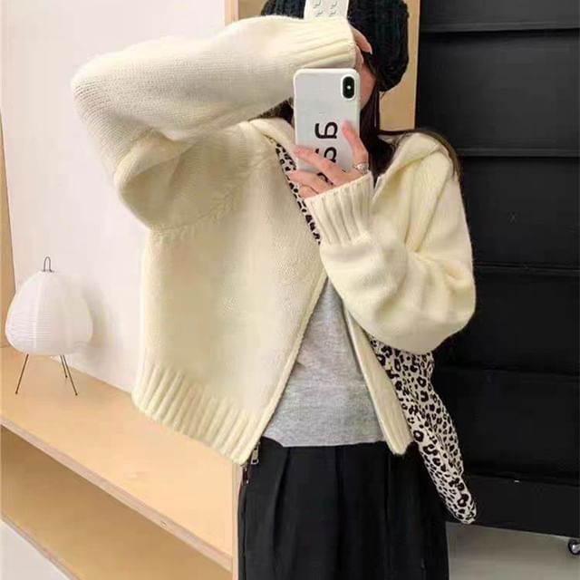 Odestra-Plain Hood Zip Cardigan
