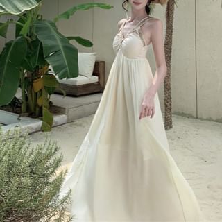 Fioridi-Spaghetti Strap Plain Cutout Side-Slit Maxi Sundress