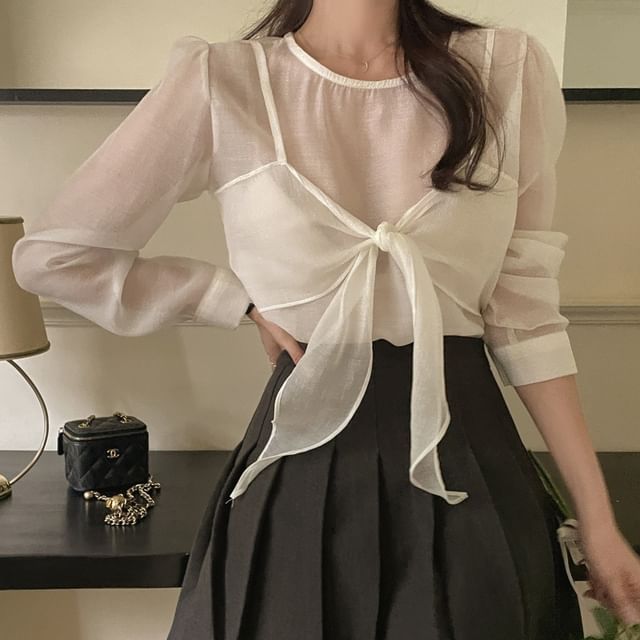 Tulstrix-Long Sleeve Crew Neck Plain Mock Two Piece Blouse