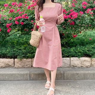 plaid square neck dress