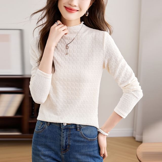 Jeonseon-Long-Sleeve Mock Neck Plain Top