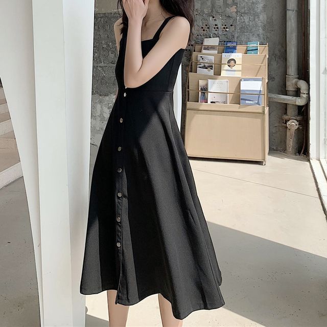 Horrysonie - Spaghetti Strap Plain Button-Up Midi A-Line Dress | YesStyle Horrysonie - Spaghetti Strap Plain Button-Up Midi A-Line Dress | YesStyle