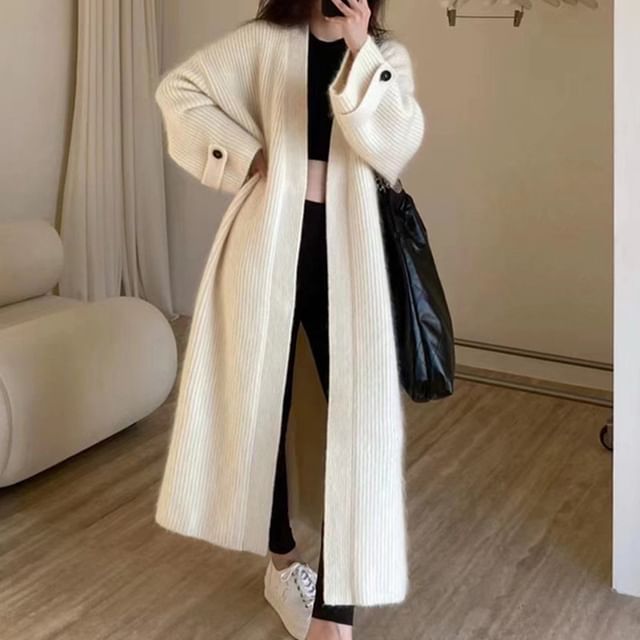 Acoustic Rain-Plain Open Front Ribbed Knit Long Cardigan