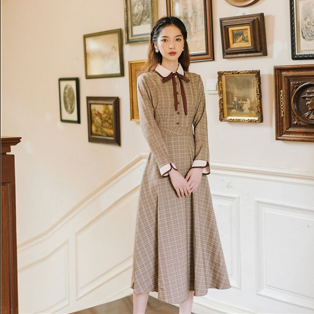 Cocaliso Long-Sleeve Contrast Collar Plaid Midi A-Line Dress