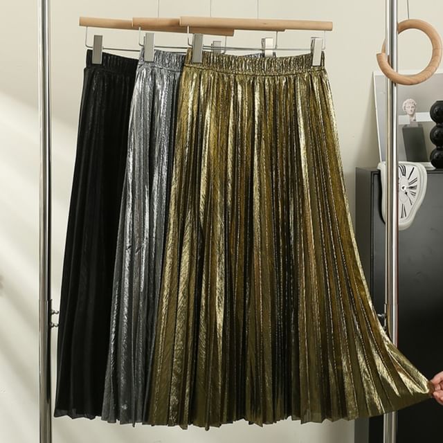 Lemongrass-Metallic Pleats A-Line Skirt