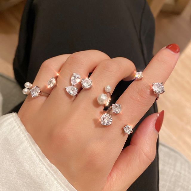 Jael-Rhinestone Faux Pearl Open Ring