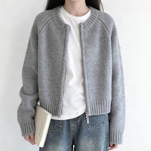 PINPI-Einfarbiger Cardigan mit Rundhalsausschnitt und Reißverschluss