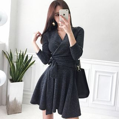Hasu - Long-Sleeve Tie-Waist Mini A-Line Knit Dress Hasu - Long-Sleeve Tie-Waist Mini A-Line Knit Dress
