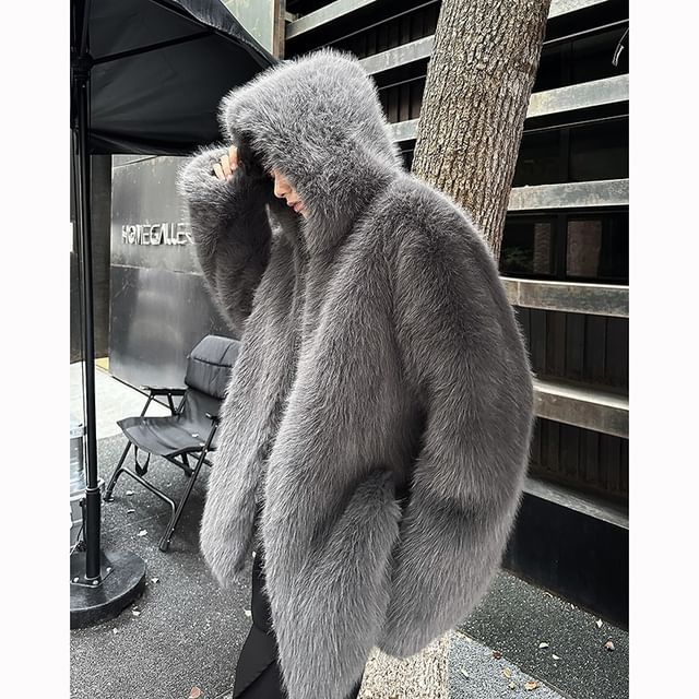 Bay Go Mall-Hooded Fluffy Plain Jacket