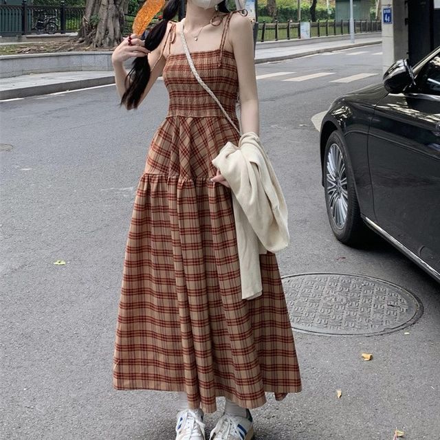Laeron Spaghetti Strap Plaid Midi A-Line Dress YesStyle