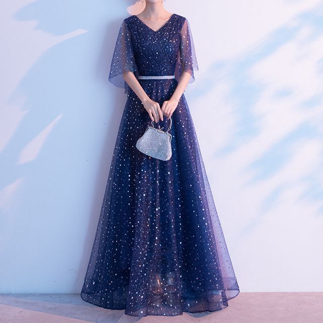 LEFFA - Bell-Sleeve Sequined A-Line Evening Gown | YesStyle