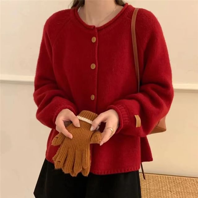 Sienne-Crew Neck Plain Buttoned Cardigan