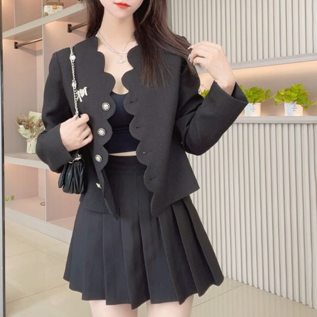 Woohan-Plain Scallop Trim Single-Breasted Jacket