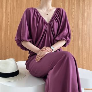 Bubapop Puff-Sleeve V-Neck Plain Maxi Sundress Sale