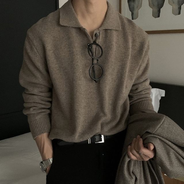 Nightbell-Long-Sleeve Plain Knit Polo Shirt