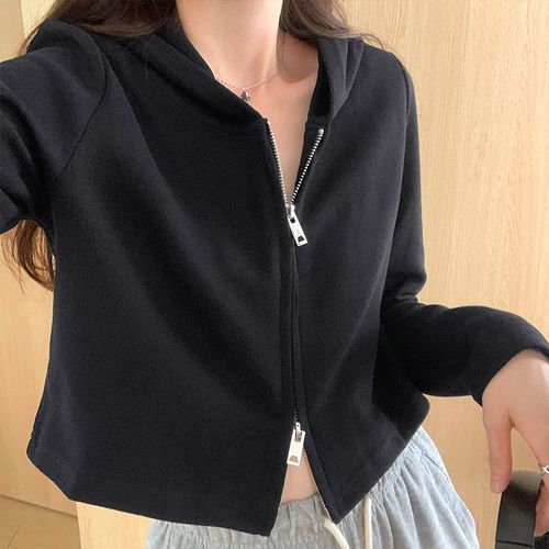 Plain Zip-Up Crop Hoodie