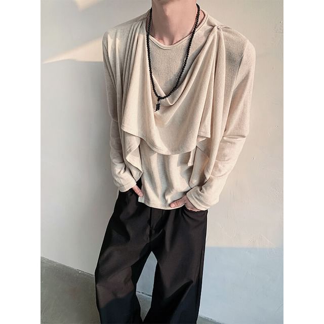 Omozando-Long Sleeve Round Neck Plain Overlay Knit Top