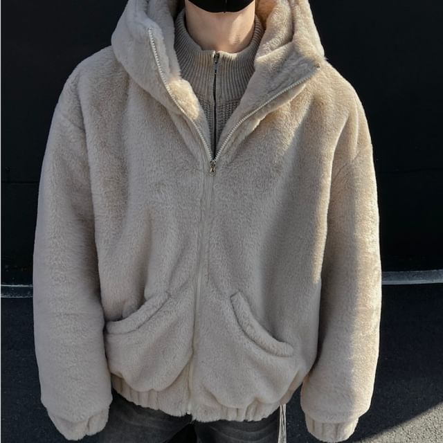 Freehop-Stand Collar Plain Hood Fluffy Zip Jacket